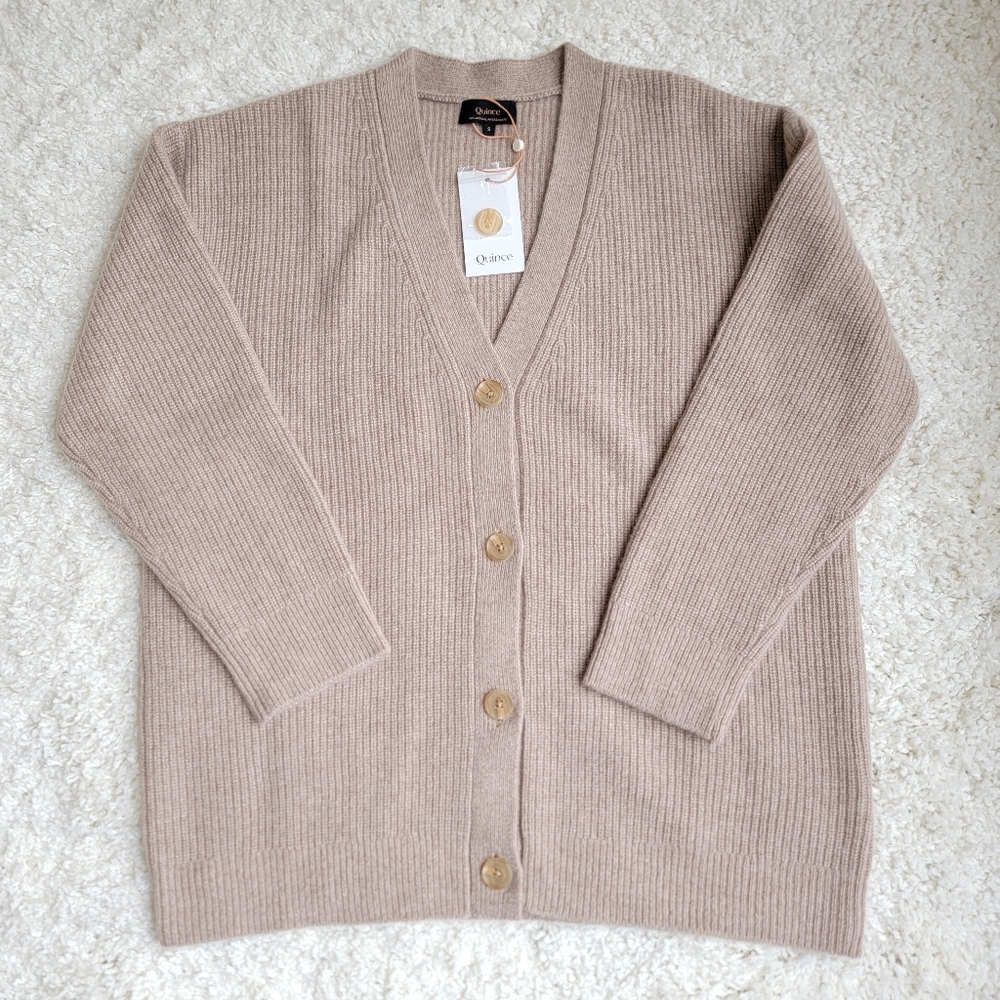 NWT Quince 100% Cashmere Oversized Cocoon Boyfriend Cardigan, Oatmeal Beige S